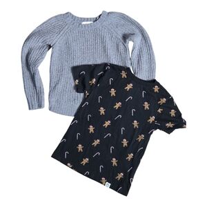 Pink Republic Gray Knit Sweater and Free Planet Black Gingerbread T-Shirt
